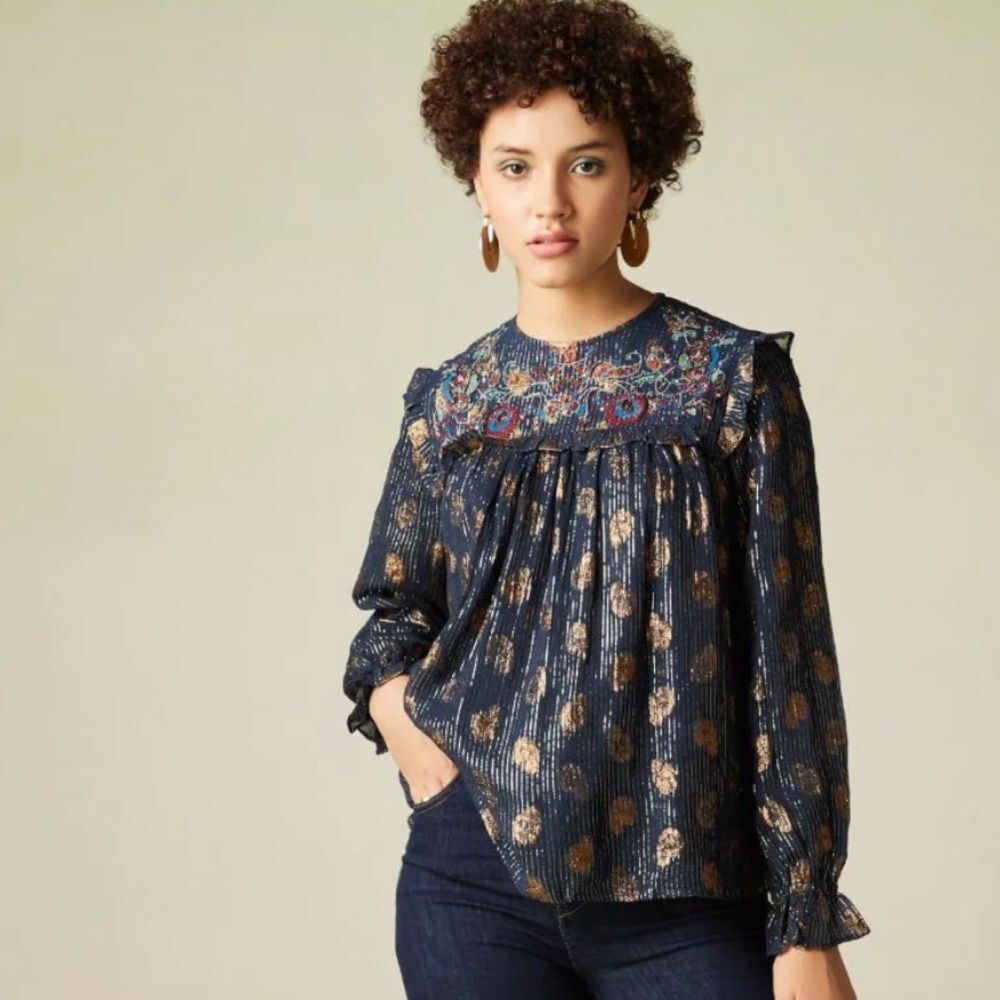 Anthropologie Verb by Pallavi Singhee Embroidered Metallic Blouse Size Small